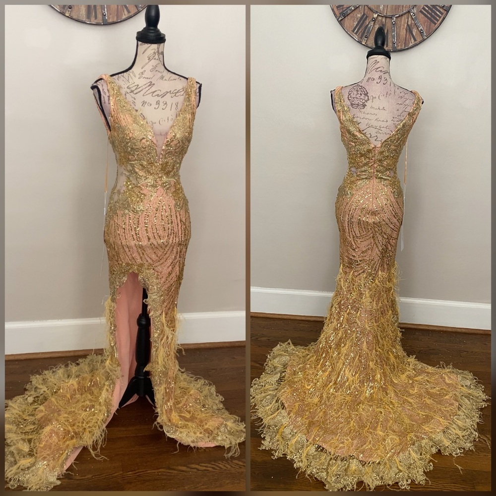 Sexy gold prom dress, evening gown or pageant gown with sparkles & feathers